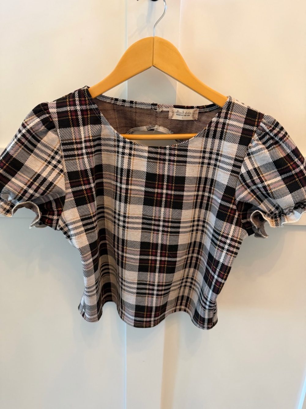 Women’s Altar’d State Plaid Short Ruffle Sleeve Crop Top Black, White, Red Sz L